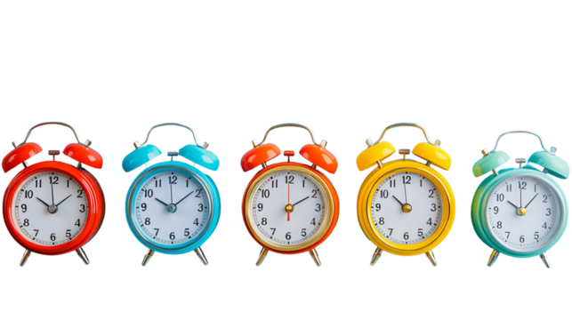Vibrant Alarm Clocks on Blue Background - Time Management Concept