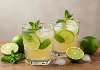 Fototapeta premium Refreshing beverage with lime and mint in clear glasses