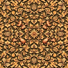 Intricate Wooden Carving  Birds   Floral Damask Pattern  Ornate Design   Golden Texture