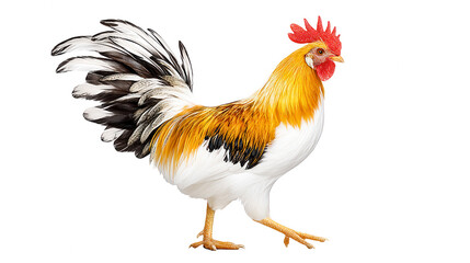 Fototapeta premium A brightly colored rooster struts powerfully on a clean, white background.