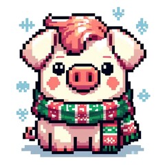 Fototapeta premium Pig cute with hairstyle and christmas scarf pixel art style creative