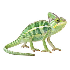 Obraz premium Green chameleon isolated on white demonstrates its perfect camouflage ability.