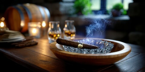 Relaxing evening with a fine cigar and whiskey in a cozy setting