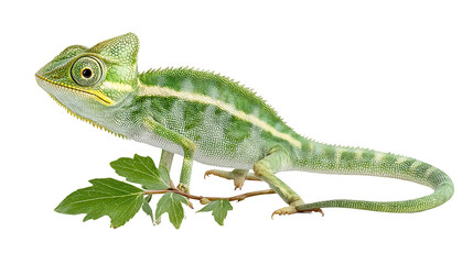 Fototapeta premium Chameleon on foliage with white background, ideal for rebg 164 project.