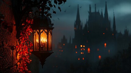 Gothic lantern illuminates spooky castle at night