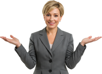 Smiling Businesswoman Presenting with Open Palms in Professional Attire