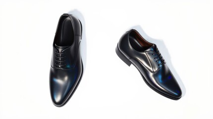 Sleek black leather dress shoes, poised elegantly on a white surface, exuding sophistication and style.