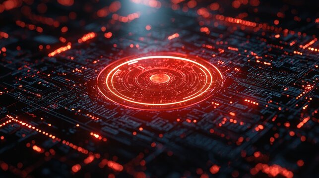 Abstract digital background with red circular element and glowing connections.