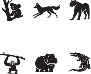 Wild Animal Silhouettes Collection Including Koala, Fox, Panther, Chimpanzee, Hippopotamus, and Crocodile in Black Vector Art for Nature, Wildlife, and Jungle Design Projects