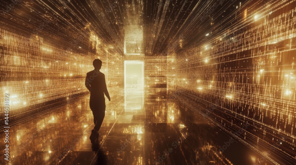 Poster exploring a digital universe a journey through light and data in a futuristic environment