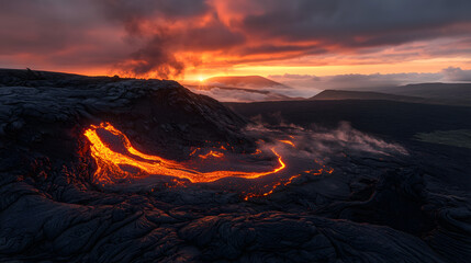 Fototapeta premium Molten lava spilling over the edge of a volcanic crater under an orange sky.