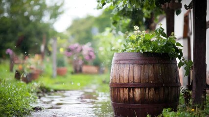 Rainy day scene in a garden, barrel planter