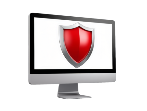 Explore Advanced Cybersecurity Concepts Through 3D Icons Featuring A Computer Displaying A Red Shield That Represents Tech Protection