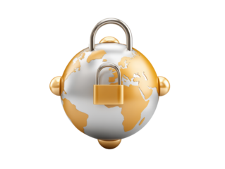 Exploring Cybersecurity Through a 3D Realistic Icon Set Featuring a Golden Globe With a Lock and Various Secure Technology Elements