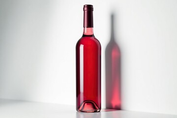 Bottle of red wine against pure white, dramatic lighting, label, rich, contrast