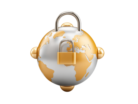 Exploring Cybersecurity Through a 3D Realistic Icon Set Featuring a Golden Globe With a Lock and Various Secure Technology Elements