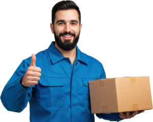 Smiling Delivery Man with Thumbs Up Holding Cardboard Package