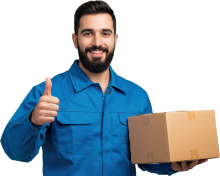 Smiling Delivery Man with Thumbs Up Holding Cardboard Package