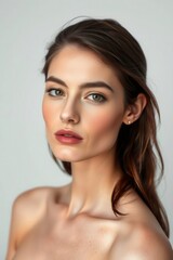 Naklejka premium Portrait of a woman with hazel eyes, auburn hair, neutral makeup, and fair skin against a light backdrop.
