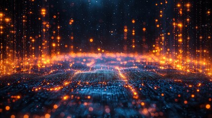 Fototapeta premium Abstract digital network with glowing orange and blue lights against a dark background.