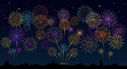 Fototapeta premium Colorful fireworks over a city silhouette, for holiday backgrounds