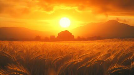Golden Sunset Over Rural Field with Farmhouse Illustration