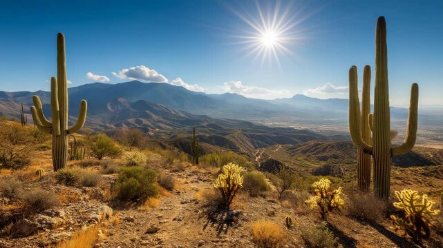 Sunrise over a desert landscape featuring towering cacti and rugged mountains in a serene environment