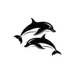 Obraz premium Silhouette of two dolphins swimming in a circular pattern, black and white illustration