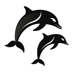 Fototapeta premium Silhouette of two dolphins swimming in a circular pattern, black and white illustration