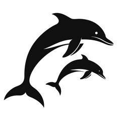 Obraz premium Silhouette of two dolphins swimming in a circular pattern, black and white illustration