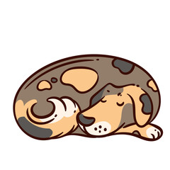 Dog cartoon vector illustration of a sleeping pet curled up in a relaxed, peaceful pose. Cute cartoon dog with brown, beige, and black spots, with closed eyes and floppy ears for stickers or decor.