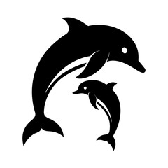 Obraz premium Silhouette of two dolphins swimming in a circular pattern, black and white illustration