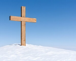 A simple wooden cross stands alone on a snow-covered hill against a clear blue sky