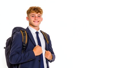 A smiling teenage boy in a suit and backpack