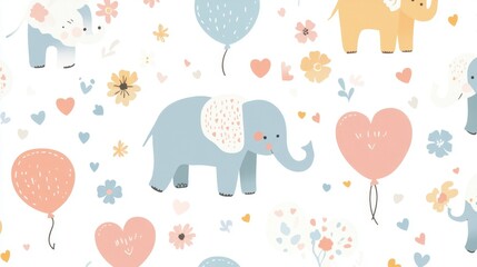 Obraz premium Playful elephants with balloons and flowers whimsical pattern design cheerful bright environment engaging art