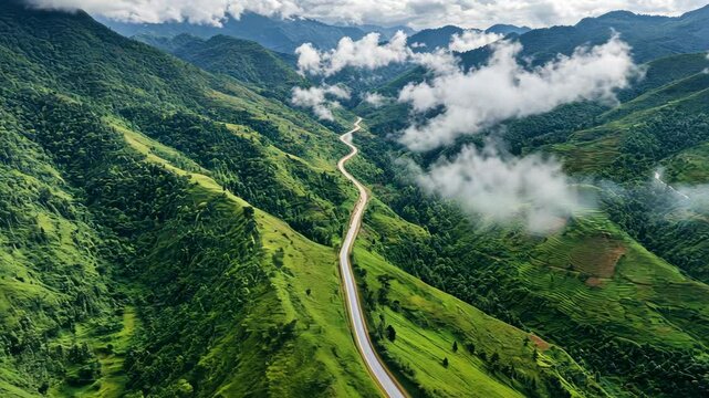 Scenic aerial view of verdant mountain road amidst rolling clouds