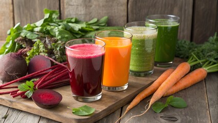 A vibrant selection of fresh vegetable juices in glasses, showcasing an array of colors from beets, greens, and carrots, with a rustic wooden background.