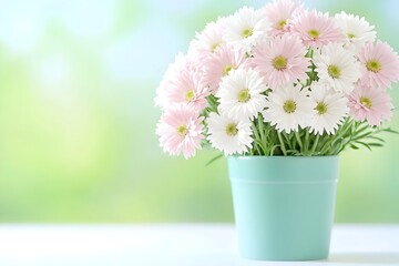 Fototapeta premium Delicate pink and white daisies in a light teal pot, set against a blurred green background