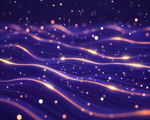 Glowing, undulating lines of light shimmer across a dark purple backdrop, interspersed with sparkling particles