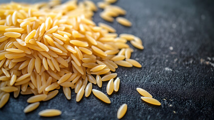 Obraz premium A scattering of orzo pasta on a dark surface, highlighting the distinct shape and size of each rice-like grain with a glossy finish.
