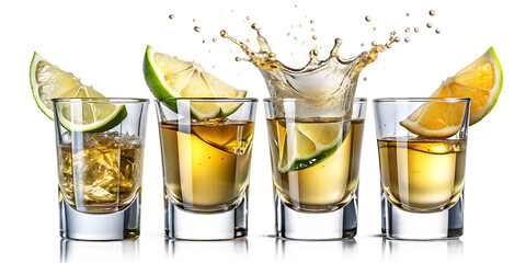 Set of Glasses shot of tequila making toast with splash isolated on white background. PNG