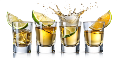 Set of Glasses shot of tequila making toast with splash isolated on white background. PNG