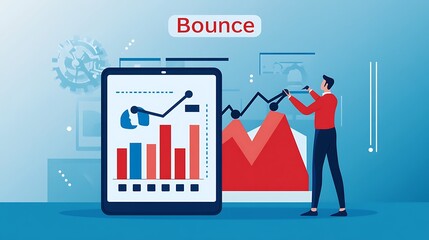 a smartphone screen, one indicating a decline and the other an increase, representing the balance of cost and quality in business management, with "Bounce" displayed above