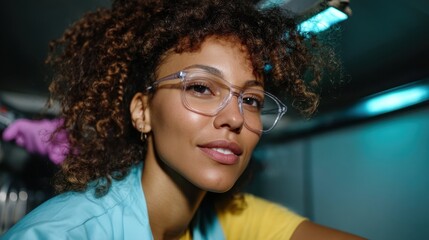 Young female mechanic working in the garage wearing safety glasses and gloves