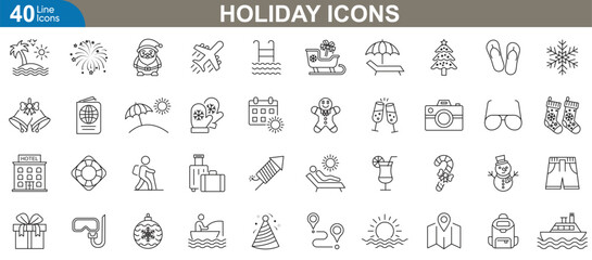Holiday icons set. Featuring Christmas, new year, winter celebration elements including Santa Claus, Christmas tree, gifts, snowflakes, ornaments, and More. Vector illustration