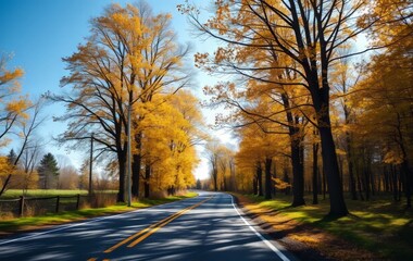 Obraz premium Autumnal Road lined with vibrant golden trees