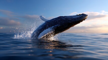 Obraz premium 夕暮れの海を跳ねるクジラ
