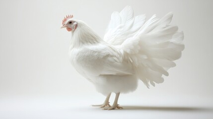 Fototapeta premium Elegant white chicken displaying feathers in minimalist studio setting close-up photography animal portrait