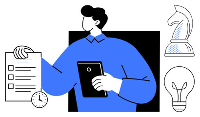 Person holding checklist and tablet, clock, chess knight, lightbulb symbolizing planning, problem-solving, creativity, leadership, time management innovation productivity. Ideal for business