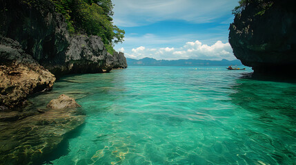 Fototapeta premium Turquoise water surrounds a tropical Thailand island with a sandy beach under the summer sky, a perfect seascape for a relaxing vacation